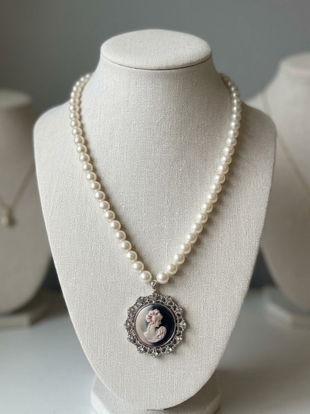 Pearl Necklace with Cameo Pendant - White Pearls